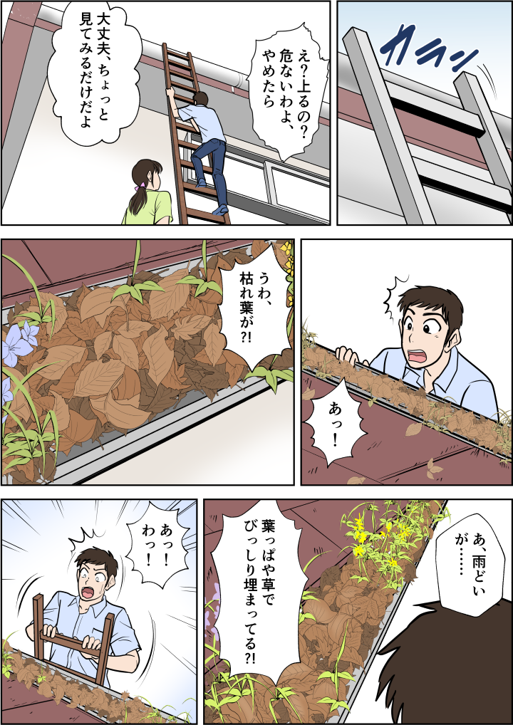 仕方がないので屋根に上って確認することに。そこで見たのは、雨樋にビッシリと詰まっている枯れ葉の山だった。