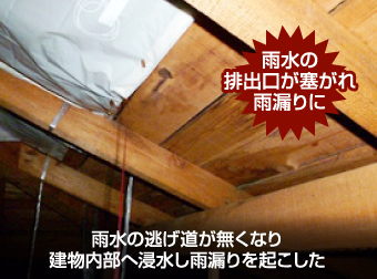 雨水の逃げ道がなくなり屋根裏への雨漏りを起こした例