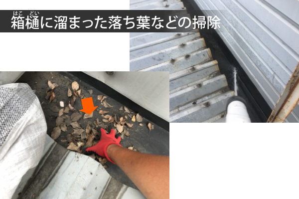 箱樋に溜まった落ち葉などの掃除