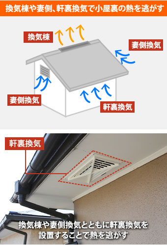 換気棟や妻側、軒裏換気で小屋裏の熱を逃す
