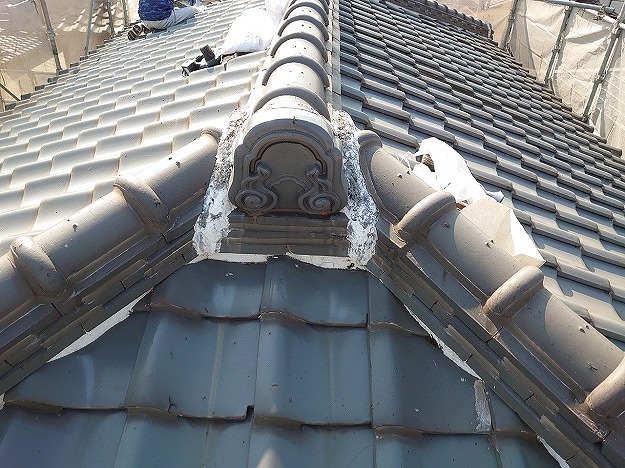 姫路市　鬼瓦周辺の漆喰の劣化