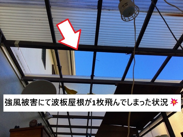 加古川市 強風で1枚飛んでしまった波板屋根の様子