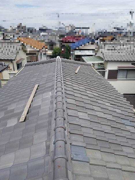 明石市　施工事例　棟　熨斗　釉薬瓦　施工後　棟全景