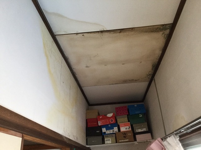 室内天井に広がる雨染みを確認