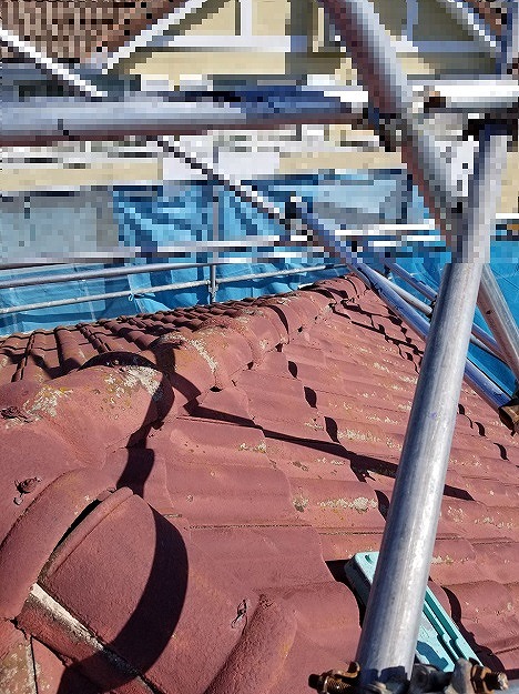 コケや汚れが付着した棟部分