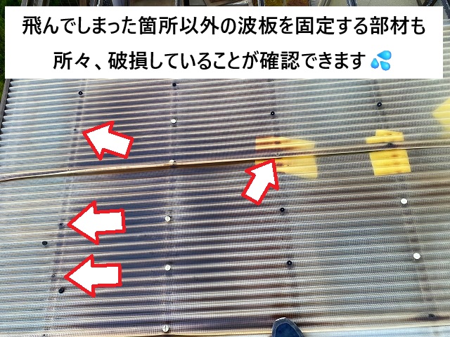 加古川市 経年劣化で波板の留め具が破損している様子