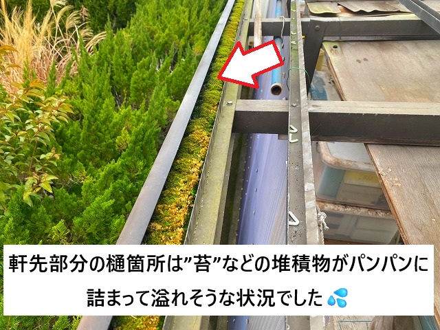 加古川市 波板架台の軒先部分樋内部が詰まっている様子