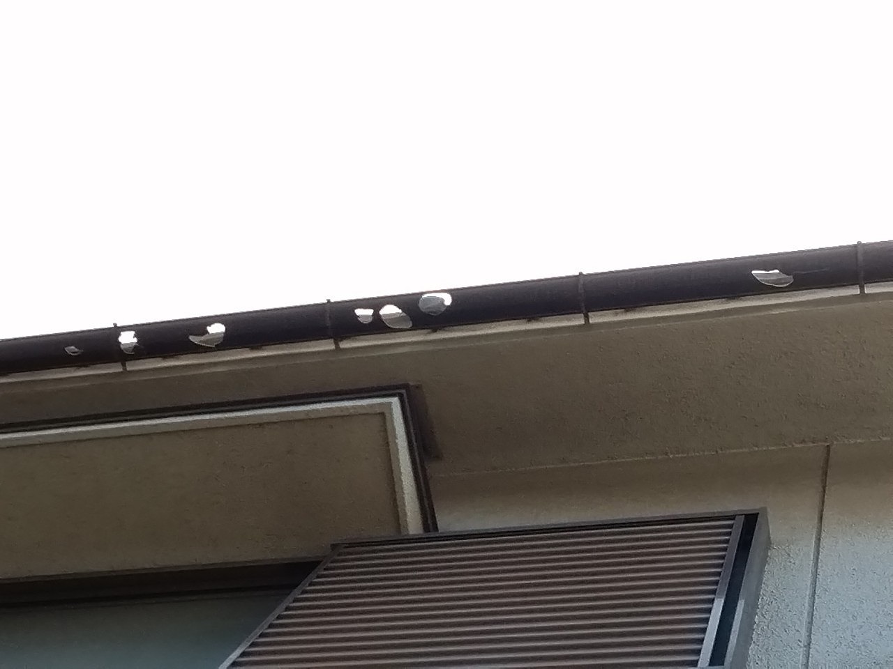 加古郡播磨町で雹被害｜半丸軒樋が多数貫通・外飾り板も破損した住宅調査