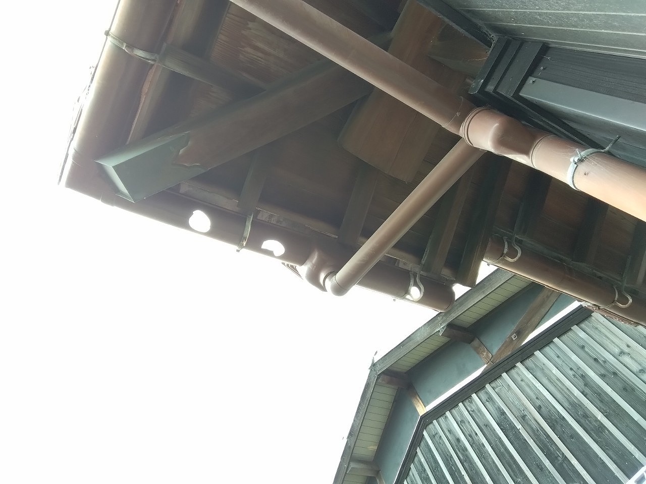 明石市　日本家屋　ひょう災害　集水器付近の出隅に穴開き