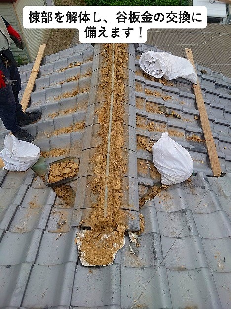 加古郡播磨町　谷板金に干渉している棟の解体作業