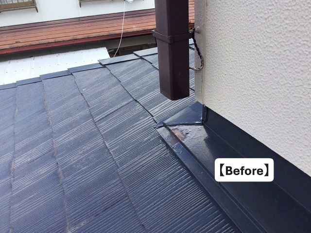 加古郡稲美町にて屋根上の這い樋強風被害状況