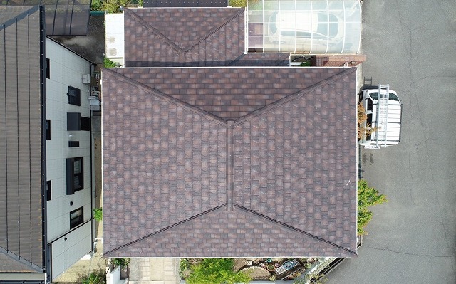 高砂市　葺き替え工事　ドローン　真上