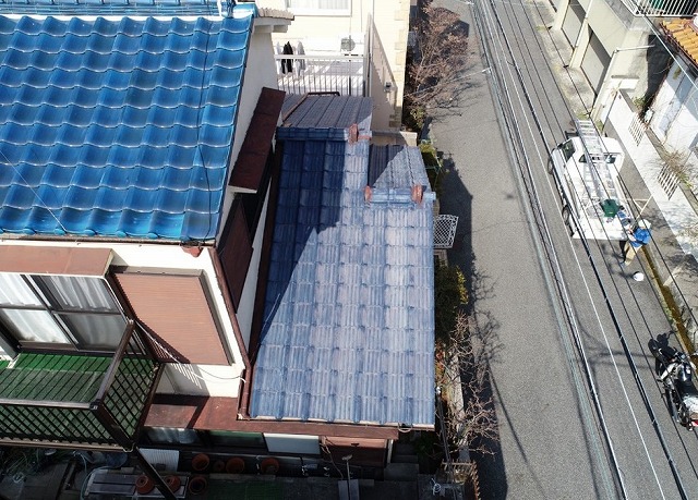 高砂市　葺き替え工事　ドローン空撮　下屋根