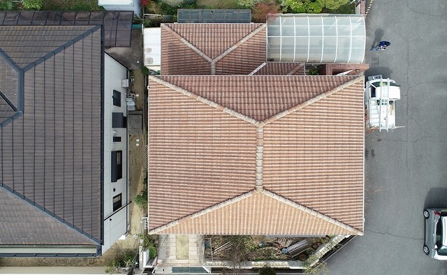 高砂市　モニエル瓦屋根　ドローン撮影　平面確認