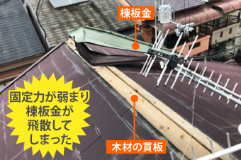 固定力が弱まり棟板金が飛散してしまったことにより、木材の貫板が剥き出しに